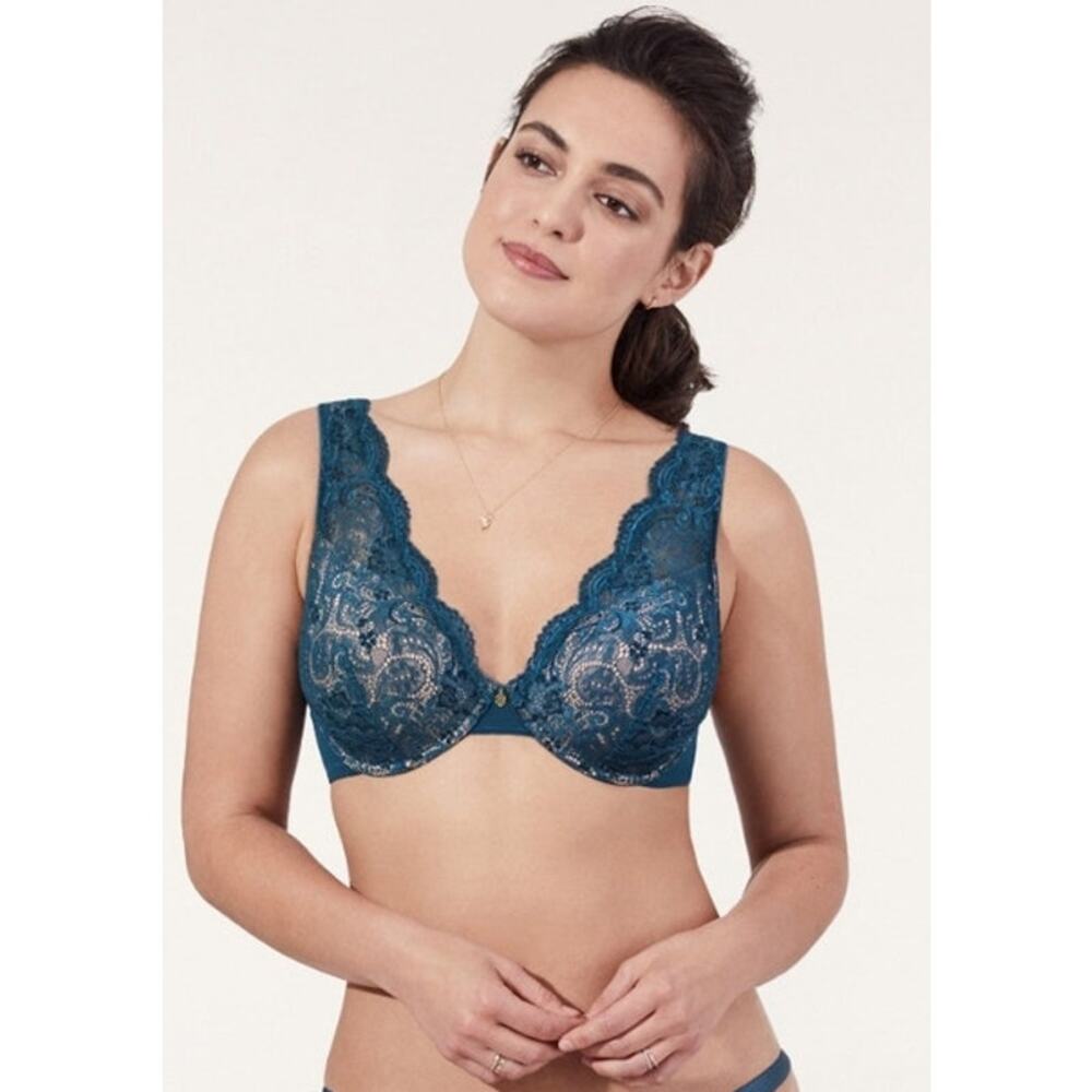 Thirdlove Women 40F 40DDD Green Beige 24/7 Lace Contour Plunge Underwire Bra